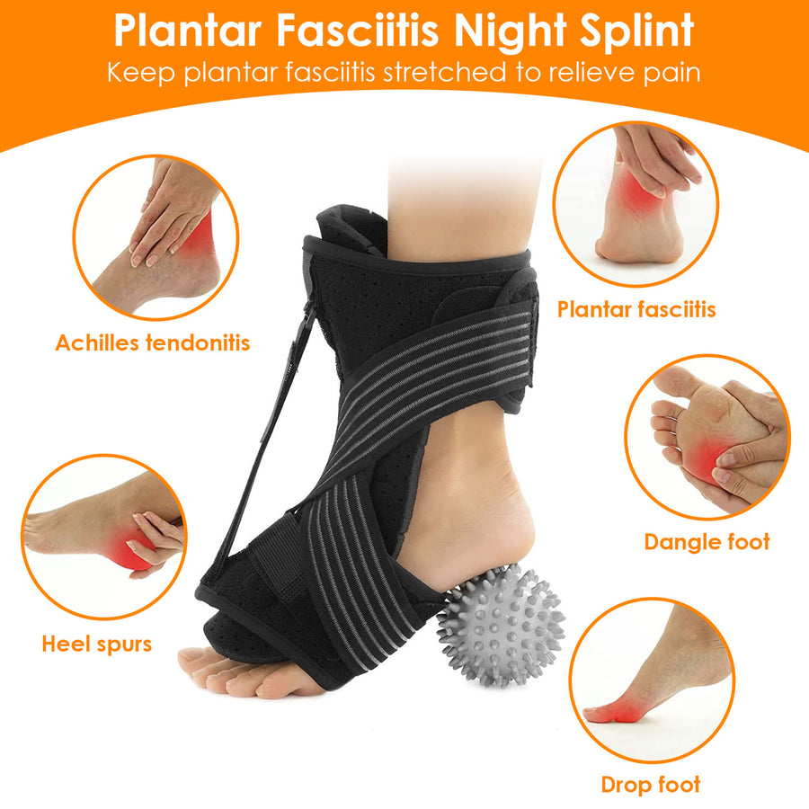 Plantar Fasciitis Night Splint Adjustable Foot Orthotic Brace Support Achilles Tendonitis Ankle Pain Relief Hard Spiky Massage Ball 2 Arch Support Ban