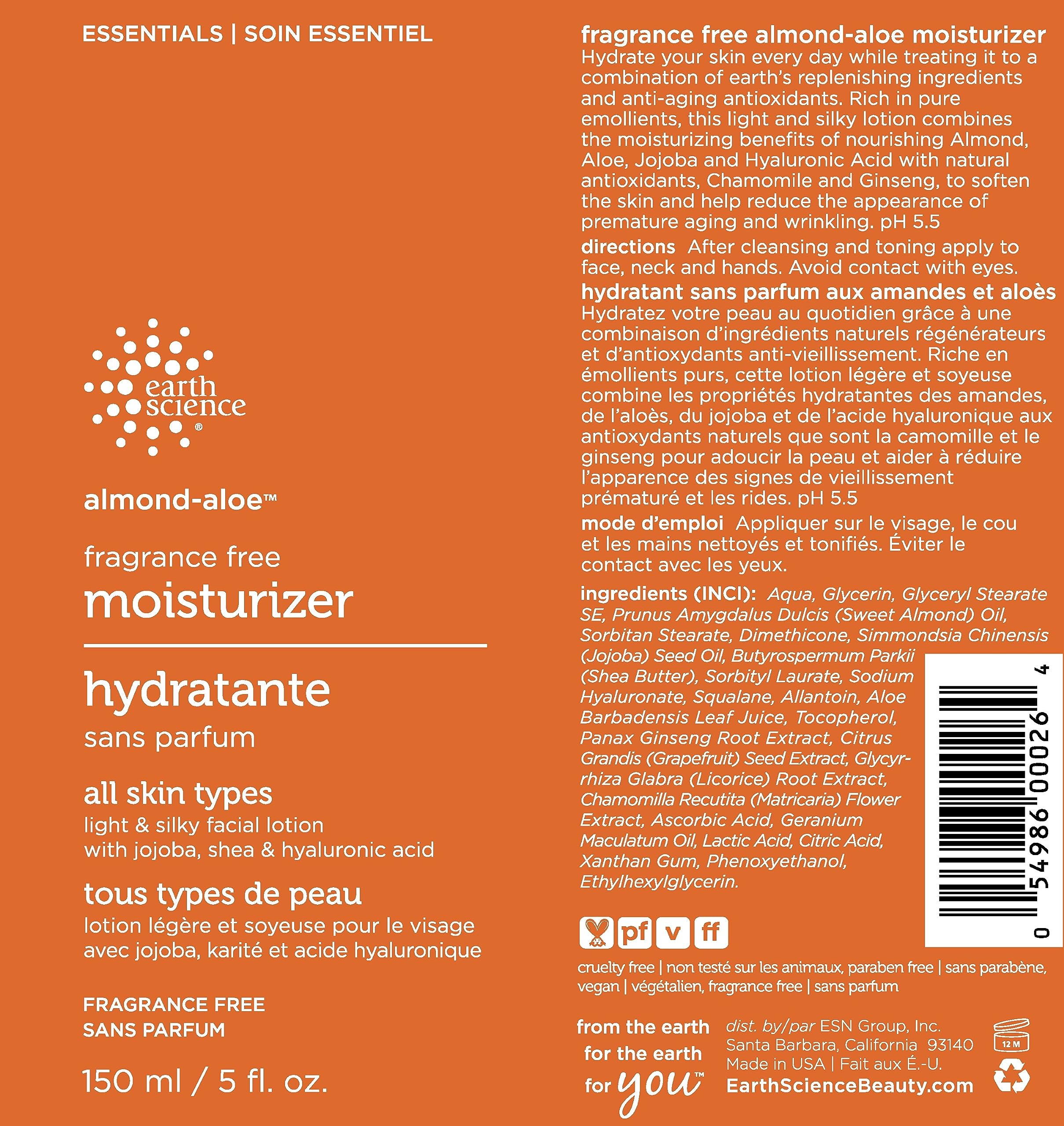 Earth Science - Almond Aloe Frag.Free Moisturizer (150ml 12)