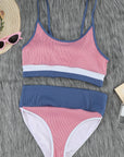 Women Striped Pink Colorblock Spaghetti Straps Ribbed High Waist Bikini Swimsuit