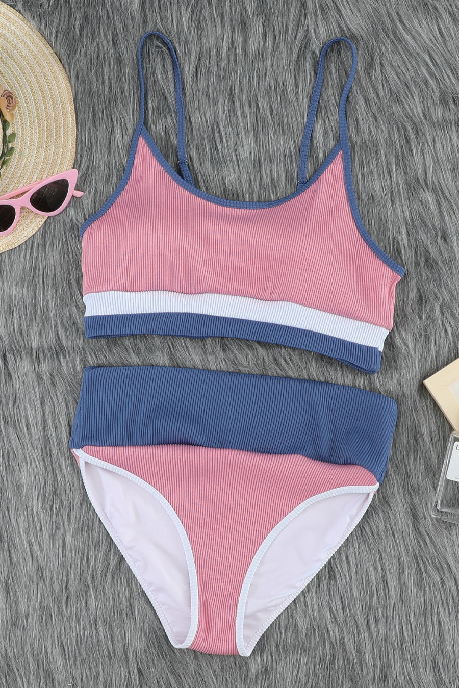 Women Striped Pink Colorblock Spaghetti Straps Ribbed High Waist Bikini Swimsuit