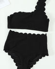 Black Scallop Trim Textured One Shoulder High Waist Bikini Set