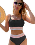 Black Striped Patchwork Spaghetti Strap High Waist Bikini Set