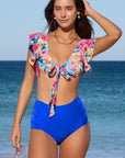 Dark Blue Sexy Deep V Neck Tie Ruffles High Waisted Bikini Set- Free Shipping