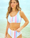 Striped Print Padded Snap Button Two Piece Swimsuit Bikini Sets | SW433557-19