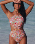 Multicolor Floral Print Lace Up Backless Monokini  Stylish Swimwear for Beach and Pool