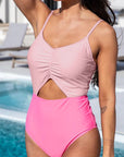 Pink Color Block Cut Out Knotted Backless One Piece Swimsuit