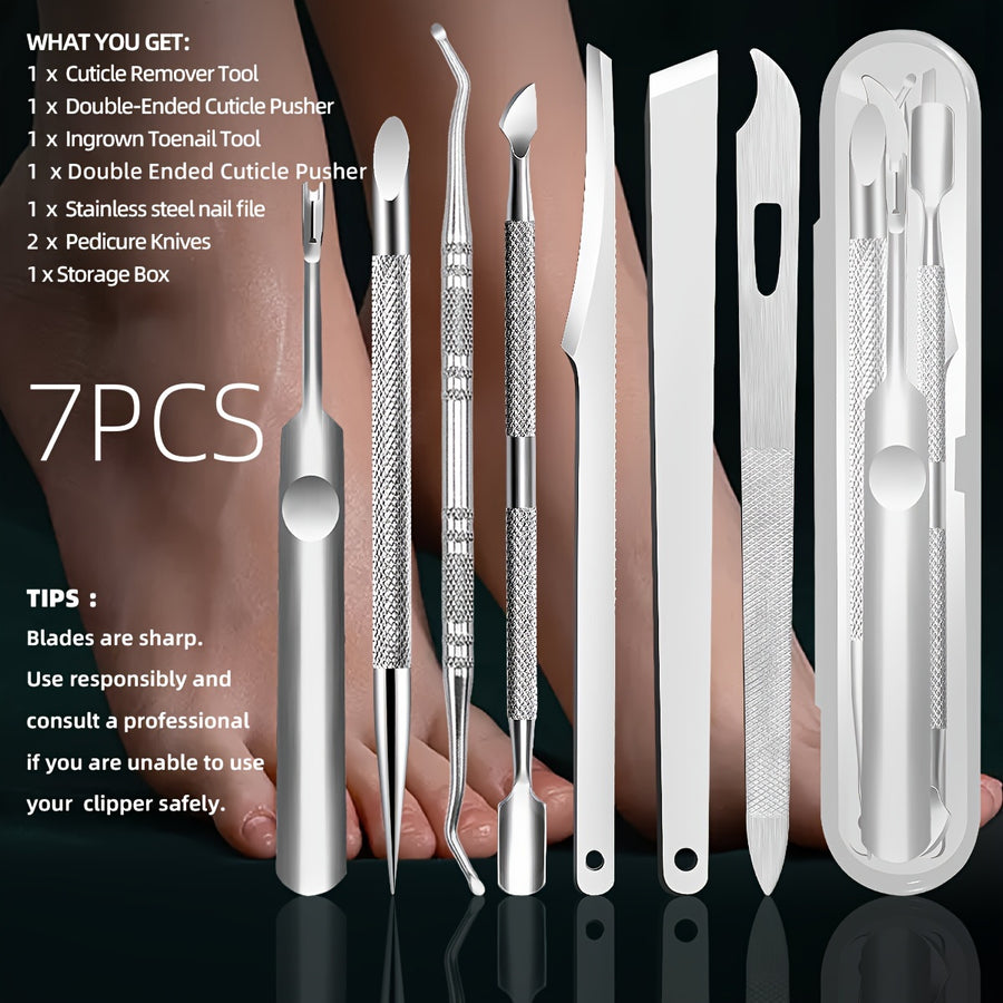 7pcs Stainless Steel Nail Care Set For Dead Skin And Calluses, Unscented Cuticle Remover Tools Kit For Elderly, Precision Cutting Edge For Smooth Removal - Includes Nail File And Cleaner