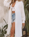 White Stylish Striped Button Up Long Sleeve Swimsuit Size Cover Up Salt White