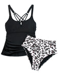 Black Notch Neckline Strappy Contrast Tankini Swimsuit