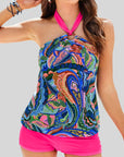 Green Tropical Print Halter Tankini Set