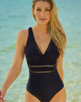 Black Sexy Lattice Plunge One Piece Swimsuit