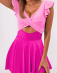 Bright Pink Cut Out Ruffle Crossed One Piece Swimdress