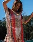 Multicolor Striped Tassel Crochet V Neck Beach Cover Up Perfect Poolside Companion