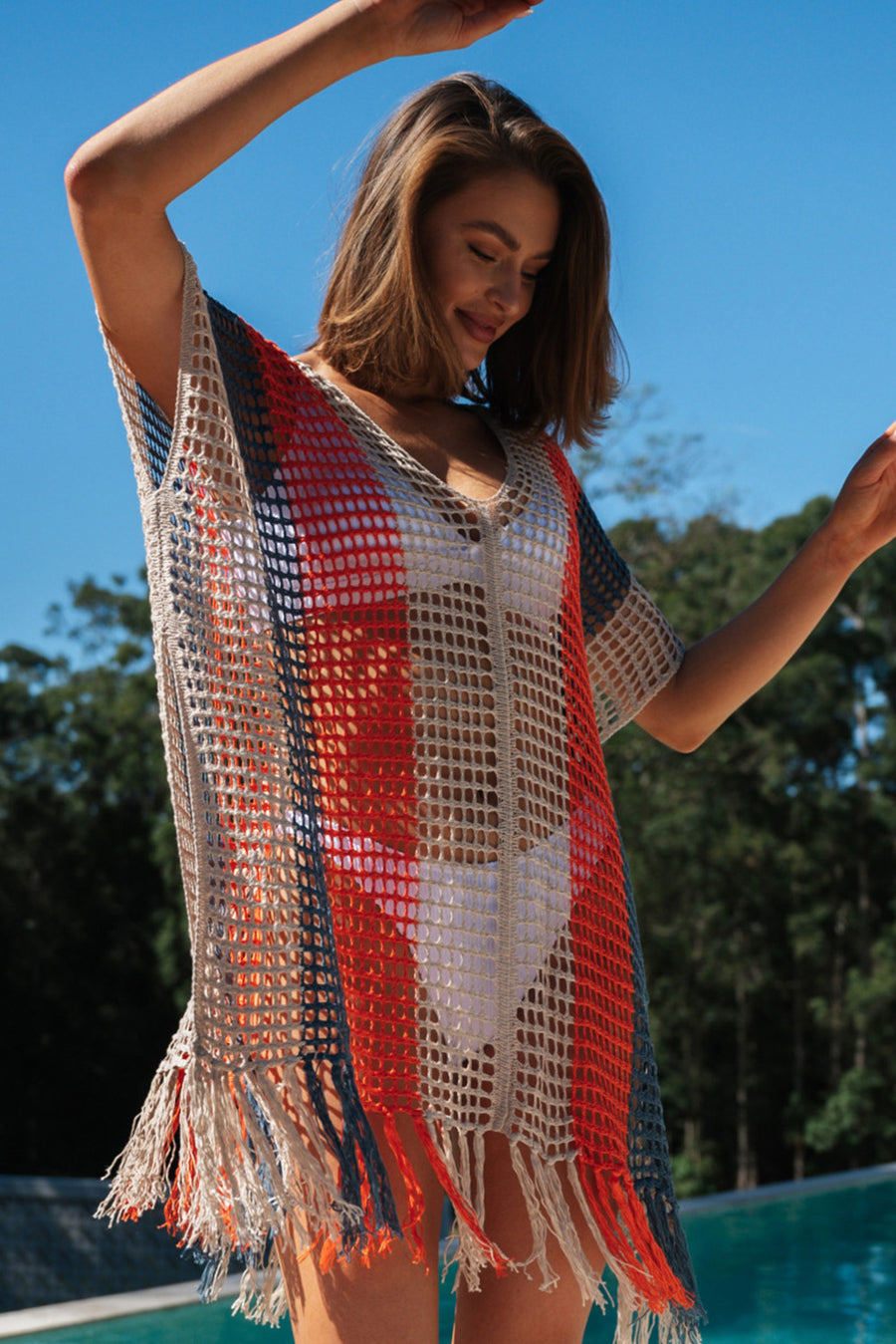 Multicolor Striped Tassel Crochet V Neck Beach Cover Up Perfect Poolside Companion