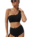 Black Sexy Scalloped Trim Asymmetrical Neck High Waist Bikini Set