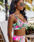 Women Swimsuit Rose Tropical Scoop Neck Ribbed High Waist Bikini Set Two Piece High Waisted Print Bathing Suit