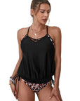 Black Sexy Leopard Colorblock Spaghetti Blouson Tankini Set