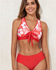 Fiery Red 3pcs Flower Printed Crossed Top and A Line Skirt Bikini Set