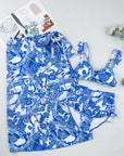 Blue 3pcs Flower Print Ruffled Bikini Set with Cover Up Skirt