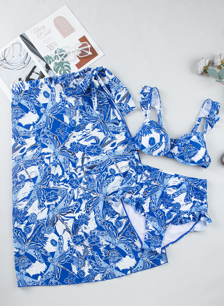 Blue 3pcs Flower Print Ruffled Bikini Set with Cover Up Skirt