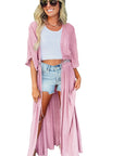 Light Pink Lace Splicing Open Front Maxi Kimono