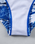 Blue 3pcs Flower Print Ruffled Bikini Set with Cover Up Skirt