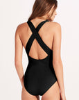 Black Deep V Neck Crossover Backless Ruched High Cut Monokini