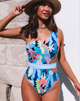 Light Blue Sexy Asymmetric Cutout Belted One Piece Swimsuit