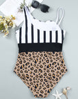 Leopard Striped Colorblock Asymmetrical Sleeveless One Piece Swimsuit