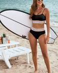 Black Striped Patchwork Spaghetti Strap High Waist Bikini Set