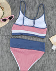 Women Striped Pink Colorblock Spaghetti Straps Ribbed High Waist Bikini Swimsuit