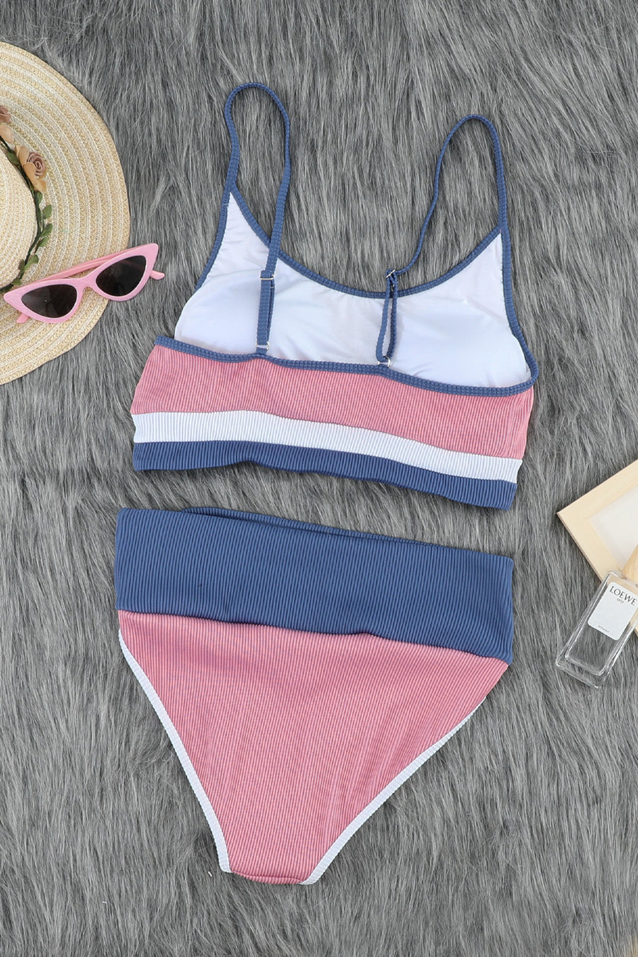 Women Striped Pink Colorblock Spaghetti Straps Ribbed High Waist Bikini Swimsuit