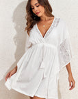 White Lace Patch Kimono Sleeve Tassel Drawstring Beach Cover Up