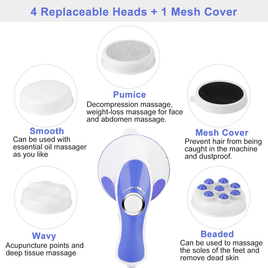 Electric Handheld Body Massager Full Body Vibrating Massager w/ 4 Interchangeable Massager Head w/ Mesh Cover