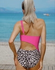 Rose Leopard Patchwork Asymmetric One Piece Swimsuit