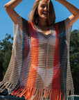 Multicolor Striped Tassel Crochet V Neck Beach Cover Up Perfect Poolside Companion