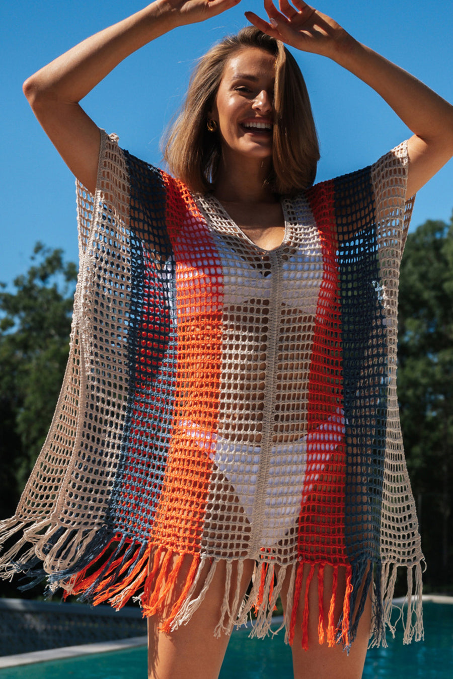 Multicolor Striped Tassel Crochet V Neck Beach Cover Up Perfect Poolside Companion