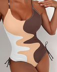 Khaki Printed Color Block Drawstring Sides One Piece Swimsuit