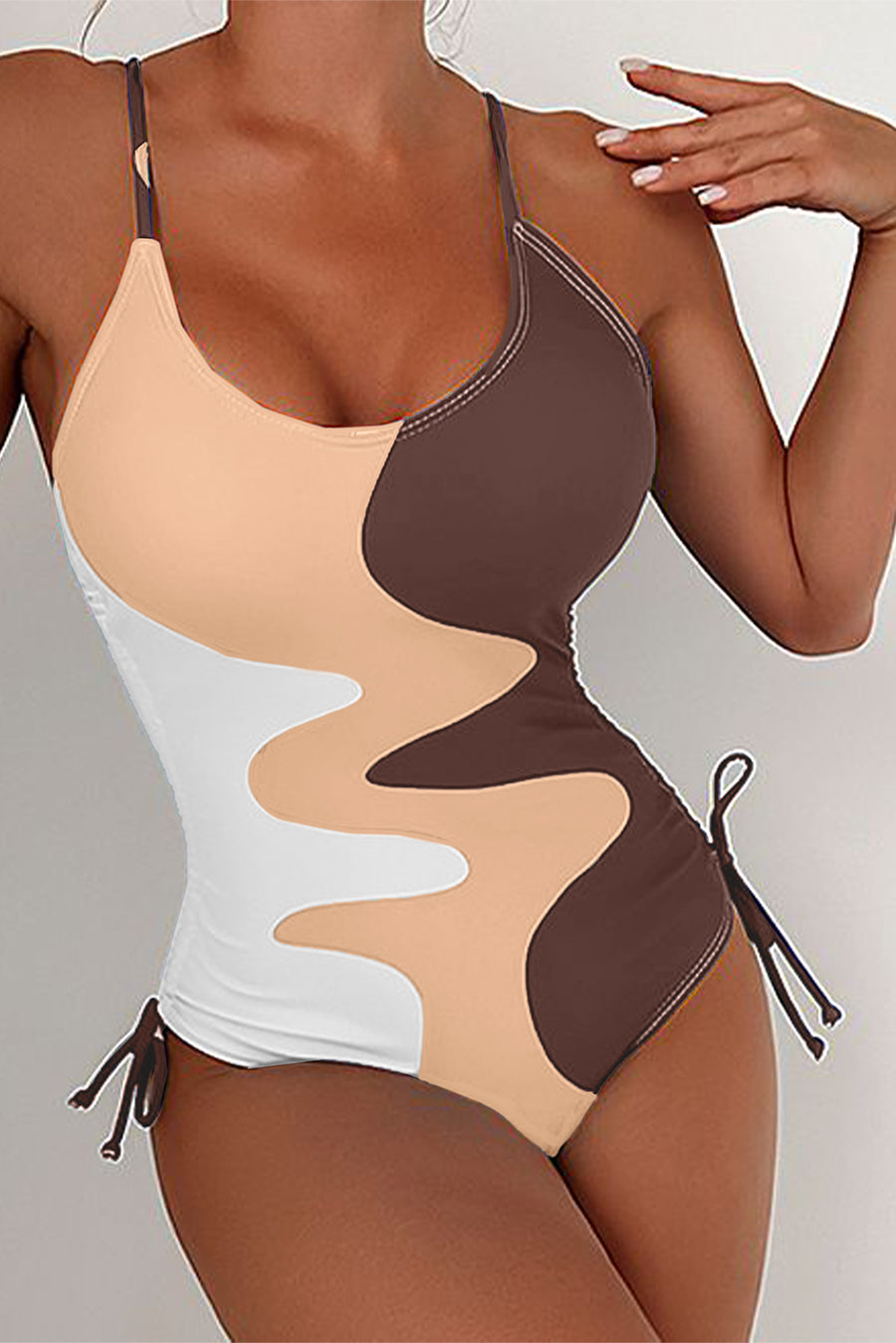 Khaki Printed Color Block Drawstring Sides One Piece Swimsuit