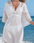 White Lace Patch Kimono Sleeve Tassel Drawstring Beach Cover Up