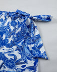 Blue 3pcs Flower Print Ruffled Bikini Set with Cover Up Skirt