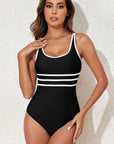 Black Contrast Trim U Neck Adjustable Strap One Piece Swimwear