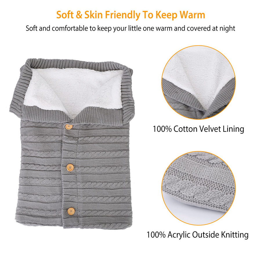 Unisex Baby Knit Swaddle Blanket Infant Nest Swaddle Newborn Cozy Fleece Nursery Sleeping Bag Wraps w/ Buttons