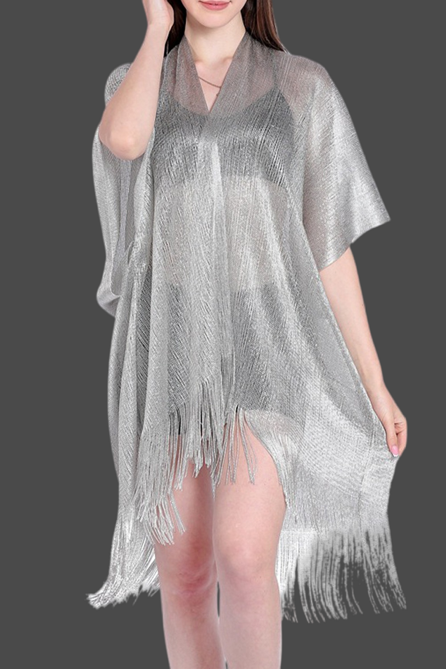 Gold Batwing Sleeve Tasseled Mesh Beach Cover Up