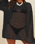 Black Pompom Mesh Long Sleeve Side Split Beach Cover Up