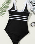 Black Contrast Trim U Neck Adjustable Strap One Piece Swimwear