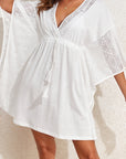 White Lace Patch Kimono Sleeve Tassel Drawstring Beach Cover Up