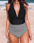 Black Retro Stripe V Neck Backless Halter One Piece Swimsuit