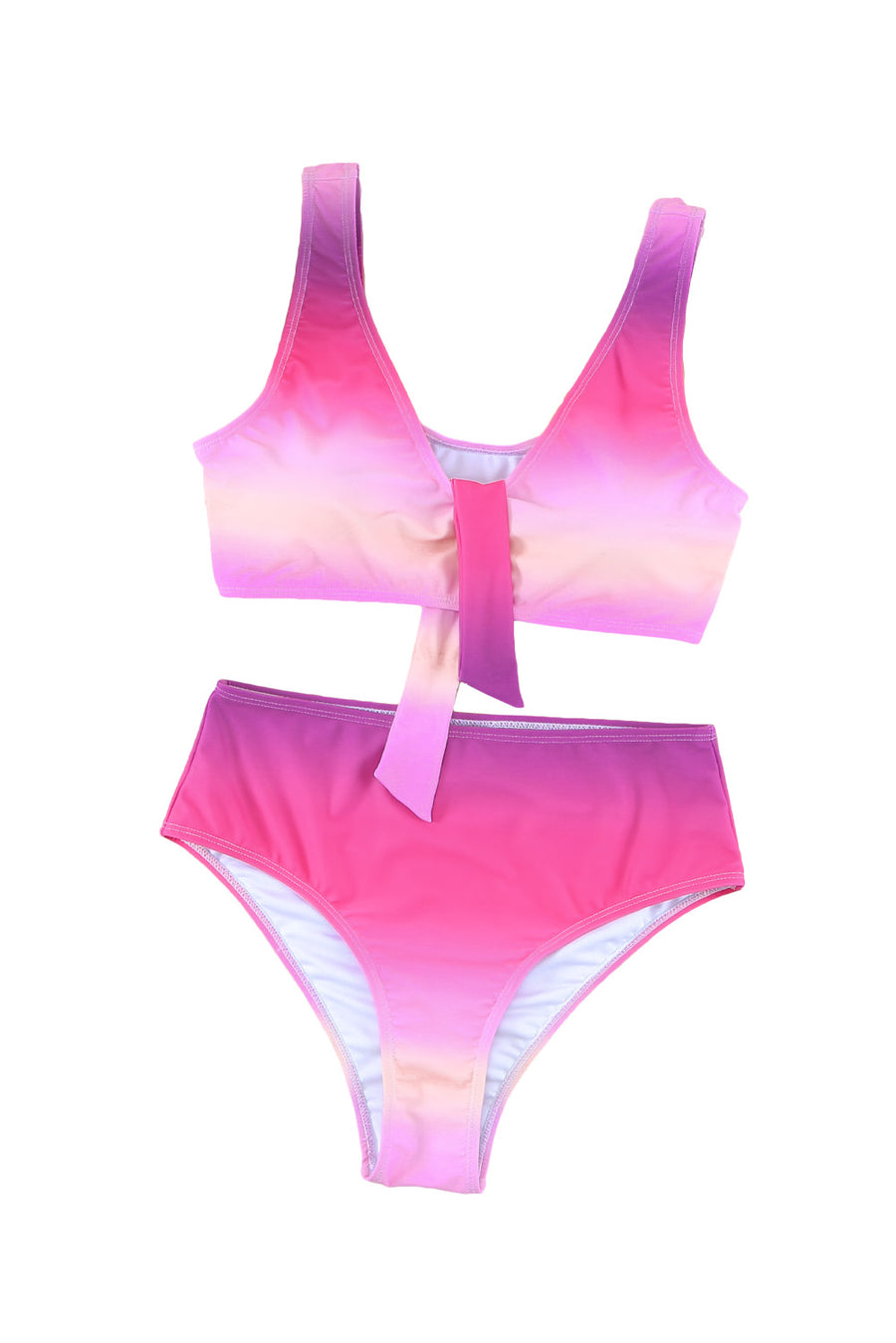 Purple Patchwork Bikini Swimsuit Women Bathing Suits Gradient Color Knotted V Neck Bikini Set