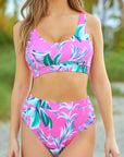 Women Swimsuit Rose Tropical Scoop Neck Ribbed High Waist Bikini Set Two Piece High Waisted Print Bathing Suit